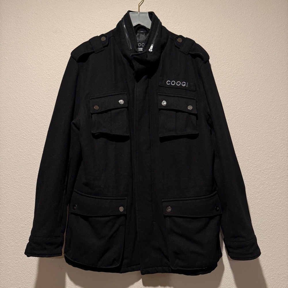 Coogi Mens Black Wool Blend Field Jacket Military Utility Coat F10TW Large Logo